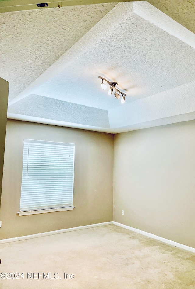 carpeted spare room with a textured ceiling, rail lighting, and a tray ceiling