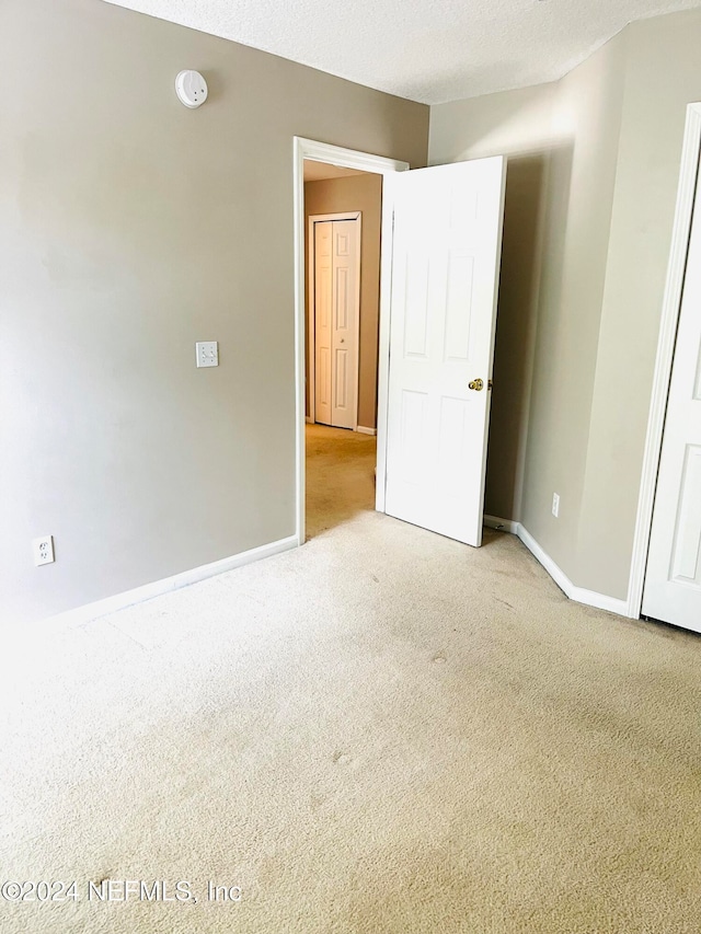 spare room featuring light colored carpet and a textured ceiling