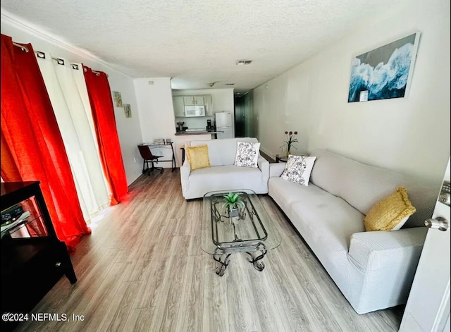 living room featuring light hardwood / wood-style floors and a textured ceiling