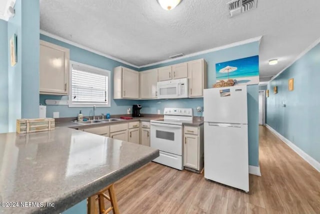 kitchen with light wood-type flooring, white appliances, sink, crown molding, and a textured ceiling