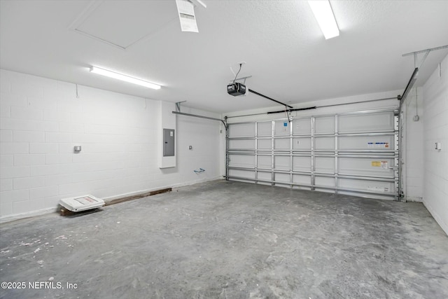 garage with electric panel and a garage door opener