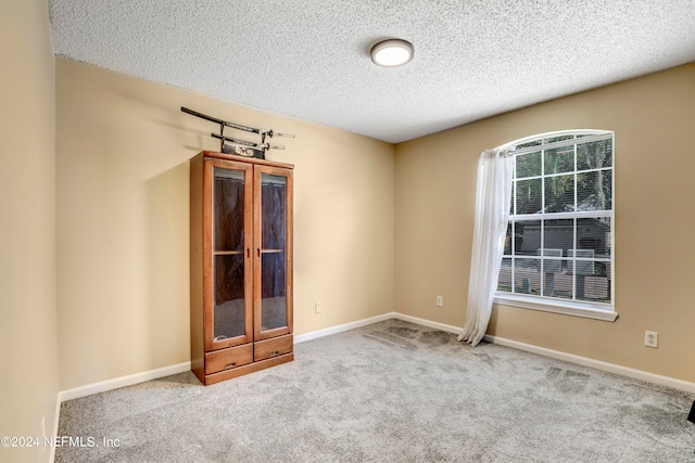 spare room featuring light carpet and a textured ceiling