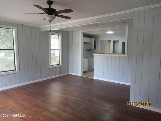 unfurnished living room with plenty of natural light, dark wood-type flooring, and wood walls