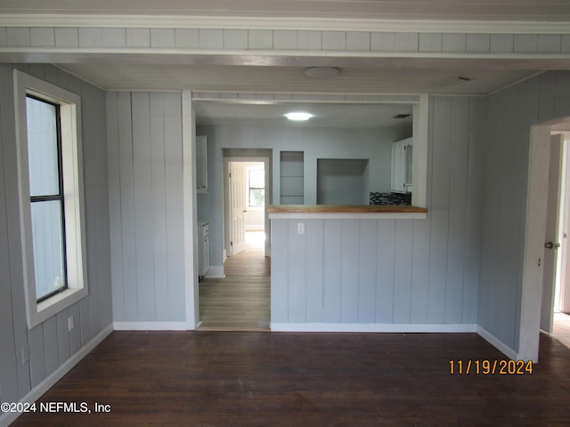 interior space featuring dark hardwood / wood-style floors and wooden walls