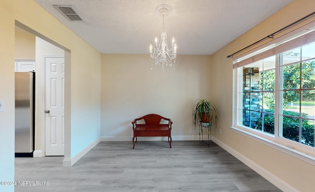 unfurnished room with light hardwood / wood-style floors, a textured ceiling, and plenty of natural light