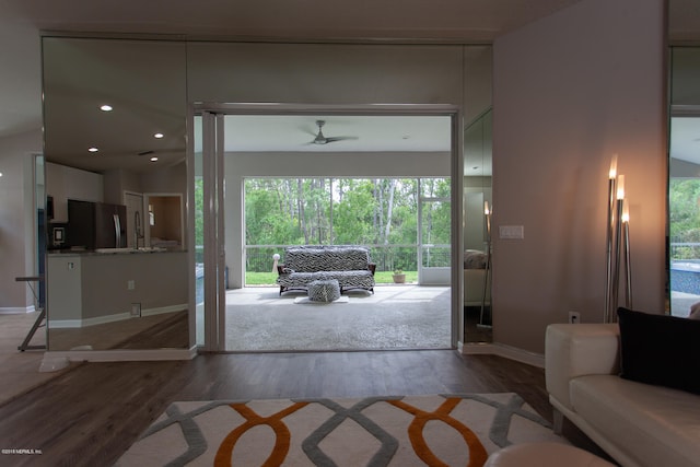 doorway with wood-type flooring and ceiling fan