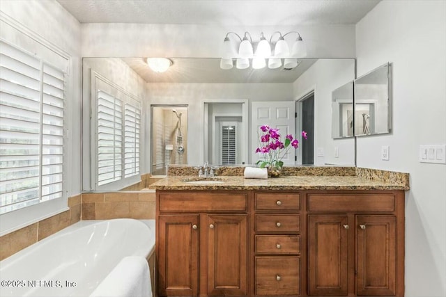 bathroom with vanity, a garden tub, and a shower