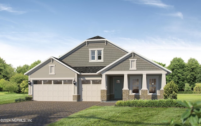 craftsman inspired home featuring a garage, decorative driveway, stone siding, and a front lawn