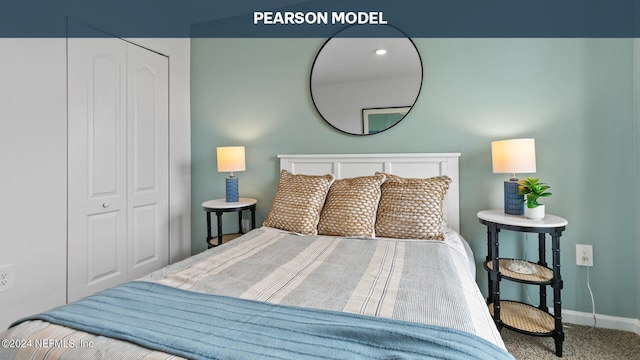 bedroom featuring baseboards, carpet floors, and a closet