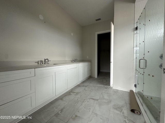 bathroom featuring vanity and a shower with door