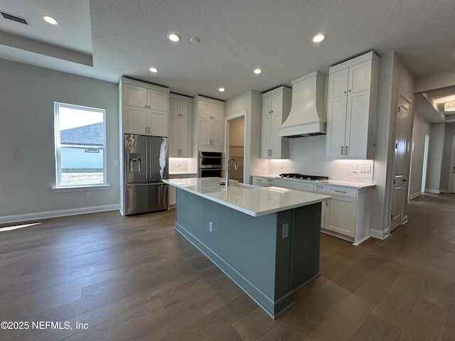 kitchen with dark wood finished floors, appliances with stainless steel finishes, a sink, premium range hood, and backsplash