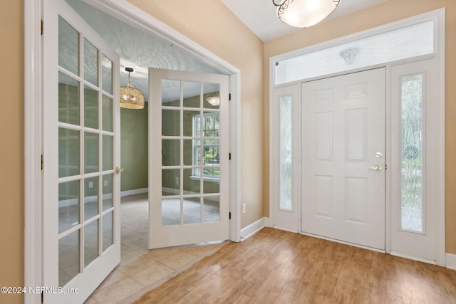 foyer with french doors, a wealth of natural light, and hardwood / wood-style flooring