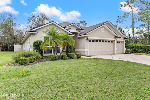 view of front of house with a garage and a front lawn