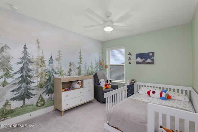 carpeted bedroom featuring ceiling fan