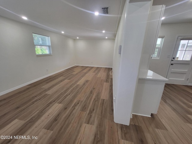 basement with hardwood / wood-style flooring and a wealth of natural light