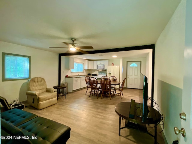 living room with ceiling fan, sink, and light hardwood / wood-style flooring