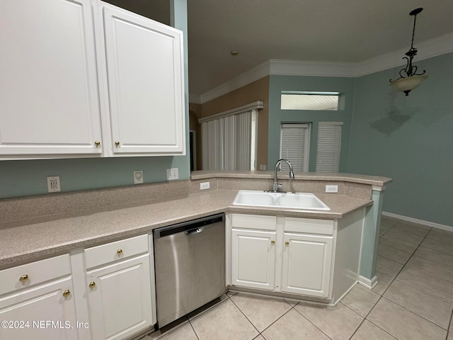 kitchen featuring kitchen peninsula, sink, stainless steel dishwasher, and white cabinetry