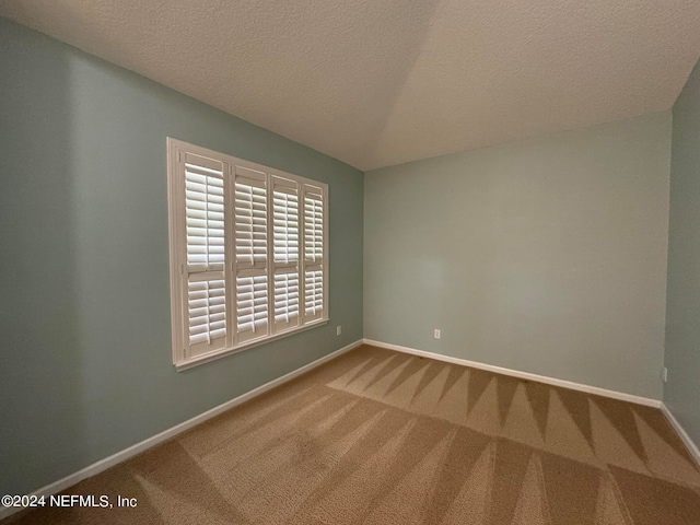 carpeted spare room with a textured ceiling and vaulted ceiling