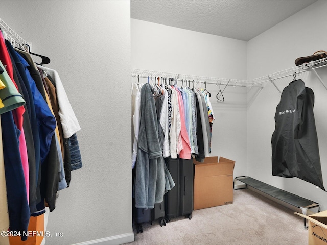 walk in closet with light carpet