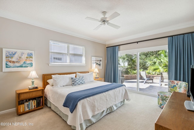 bedroom featuring light carpet, access to outside, multiple windows, and ceiling fan