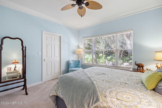 carpeted bedroom featuring multiple windows, ornamental molding, a textured ceiling, and ceiling fan