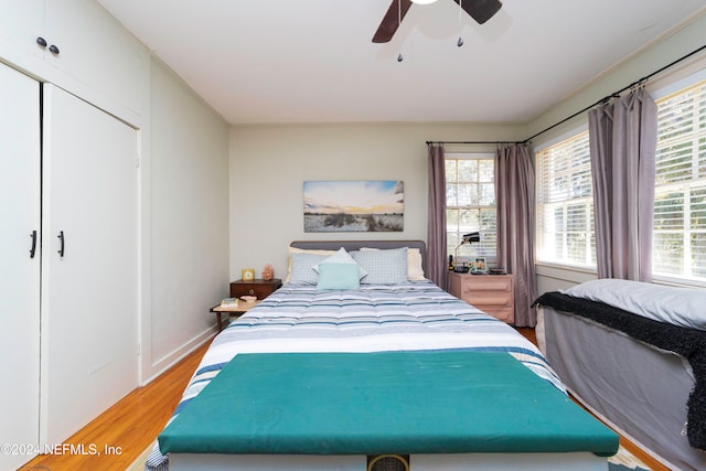 bedroom featuring ceiling fan, light wood-type flooring, and multiple windows