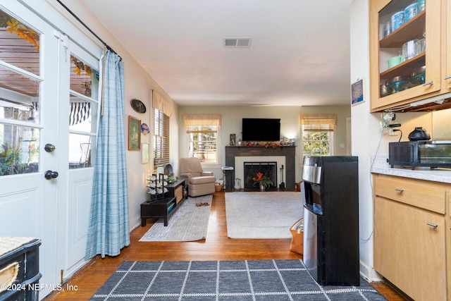 living room featuring plenty of natural light and dark hardwood / wood-style floors