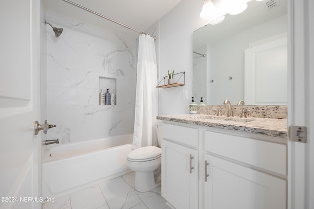 full bathroom with vanity, toilet, and shower / bathtub combination with curtain