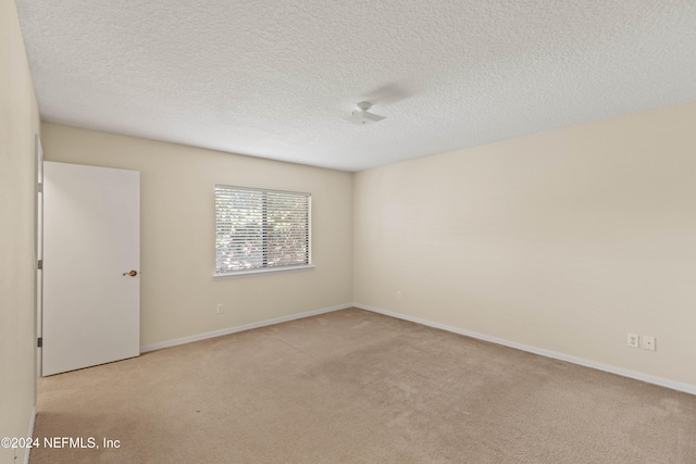 spare room featuring light colored carpet and a textured ceiling