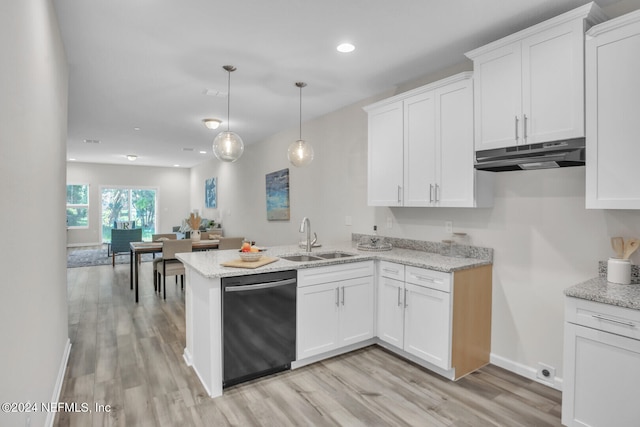 kitchen featuring kitchen peninsula, white cabinetry, black dishwasher, and sink