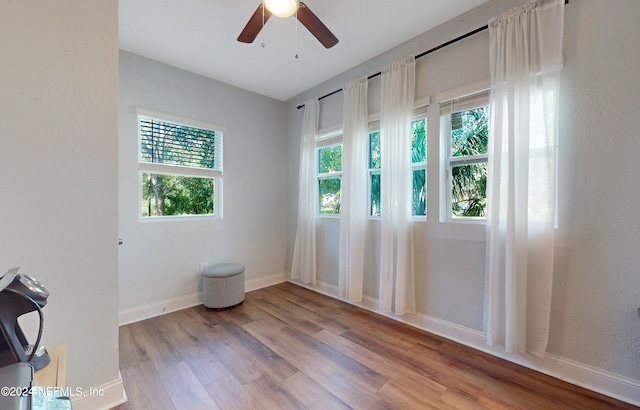 spare room featuring ceiling fan, a wealth of natural light, and light hardwood / wood-style floors