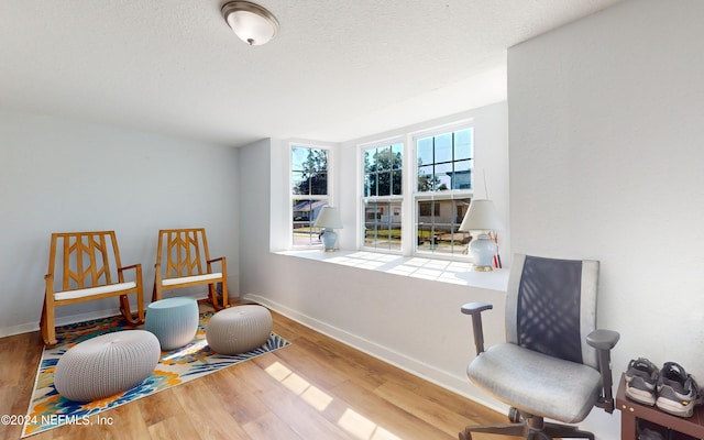 living area with wood-type flooring and a textured ceiling