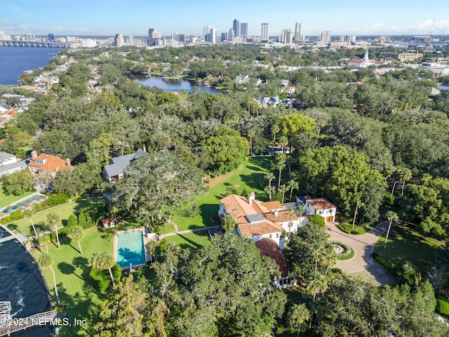 drone / aerial view featuring a water view