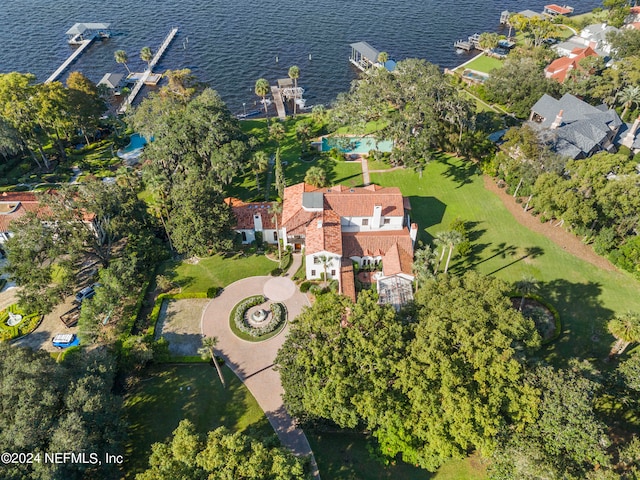 drone / aerial view with a water view