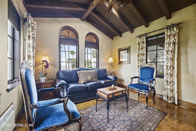 living room featuring parquet floors, wooden ceiling, vaulted ceiling with beams, and ceiling fan