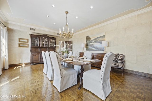 dining space featuring parquet flooring, tile walls, crown molding, and a chandelier