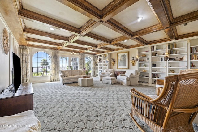 living room featuring an inviting chandelier, beamed ceiling, built in shelves, light colored carpet, and coffered ceiling