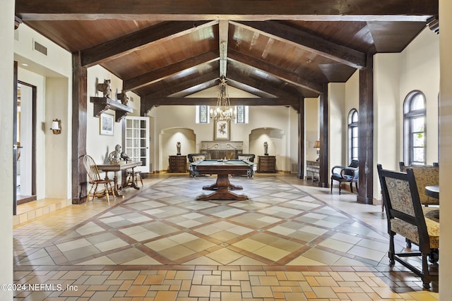 unfurnished dining area featuring pool table, wood ceiling, beamed ceiling, light tile patterned floors, and a chandelier