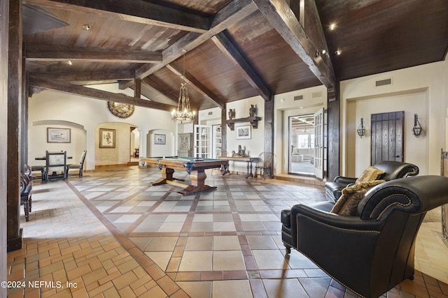 recreation room featuring pool table, high vaulted ceiling, beamed ceiling, and wooden ceiling