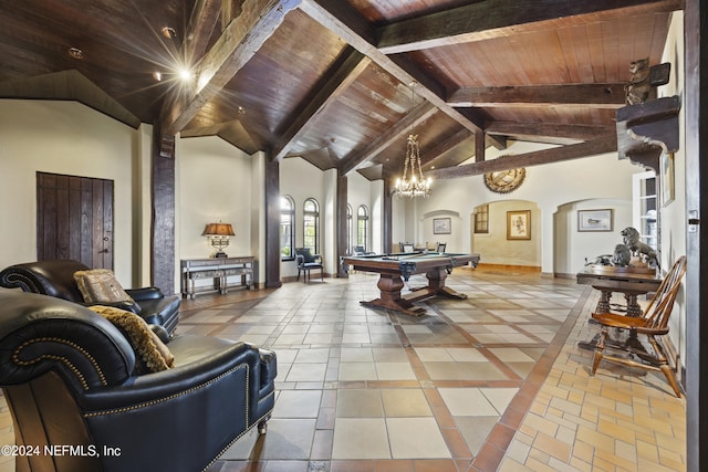 recreation room featuring wood ceiling, beamed ceiling, light tile patterned floors, and billiards