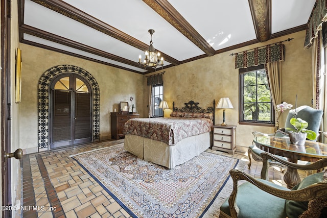 bedroom with beamed ceiling, ornamental molding, and a notable chandelier