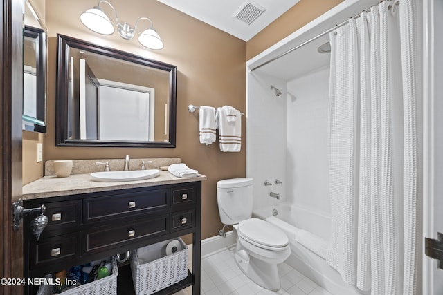 full bathroom featuring toilet, shower / bathtub combination with curtain, vanity, and tile patterned flooring