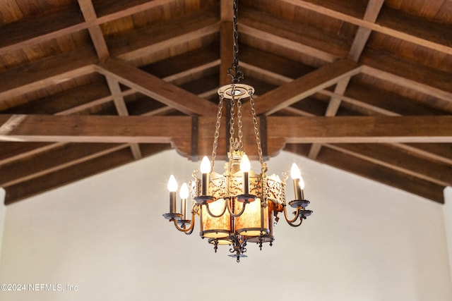 interior details featuring a chandelier, beamed ceiling, and wooden ceiling