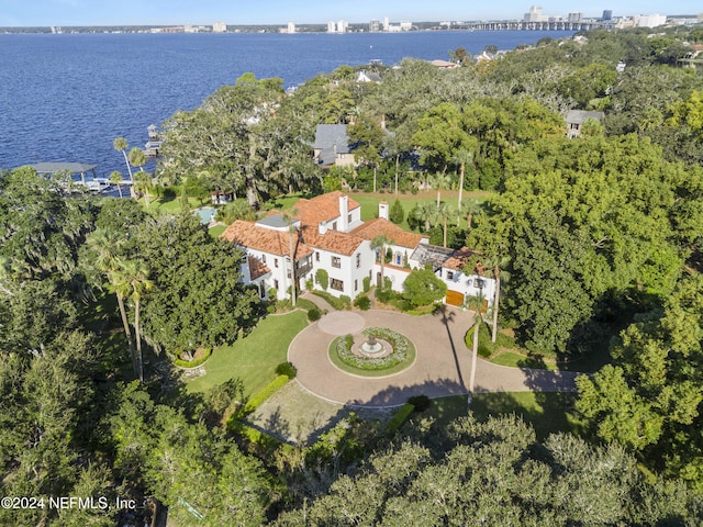 aerial view featuring a water view