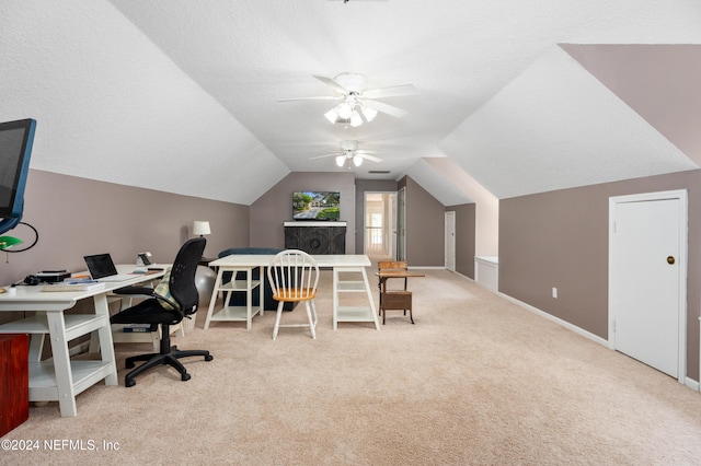 13601 Emerald Cove Ct, Jacksonville, FL 32225 - carpeted home office with vaulted ceiling, a ceiling fan, and baseboards