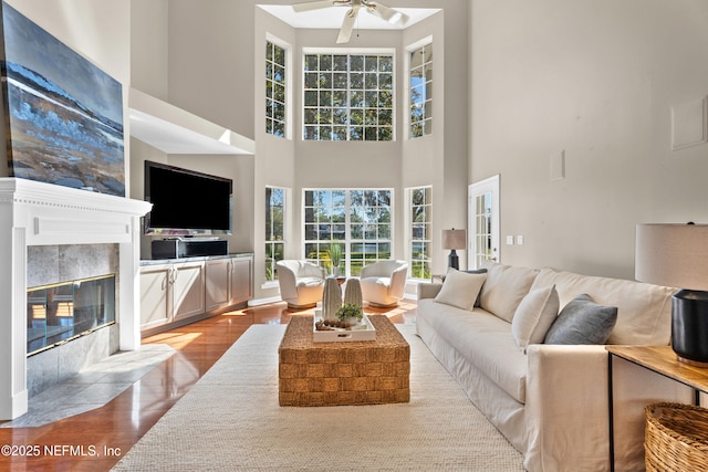 13601 Emerald Cove Ct, Jacksonville, FL 32225 - living area featuring a premium fireplace, wood finished floors, a high ceiling, and ceiling fan