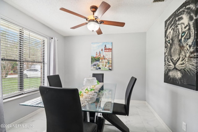 dining room featuring a textured ceiling, ceiling fan, and a wealth of natural light