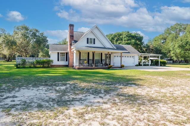 view of front of home with a garage, a porch, a carport, and a front lawn