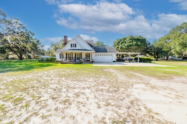 view of front of house with a garage, a front lawn, a porch, and a carport