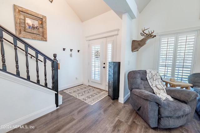 foyer with high vaulted ceiling, hardwood / wood-style flooring, and a wealth of natural light